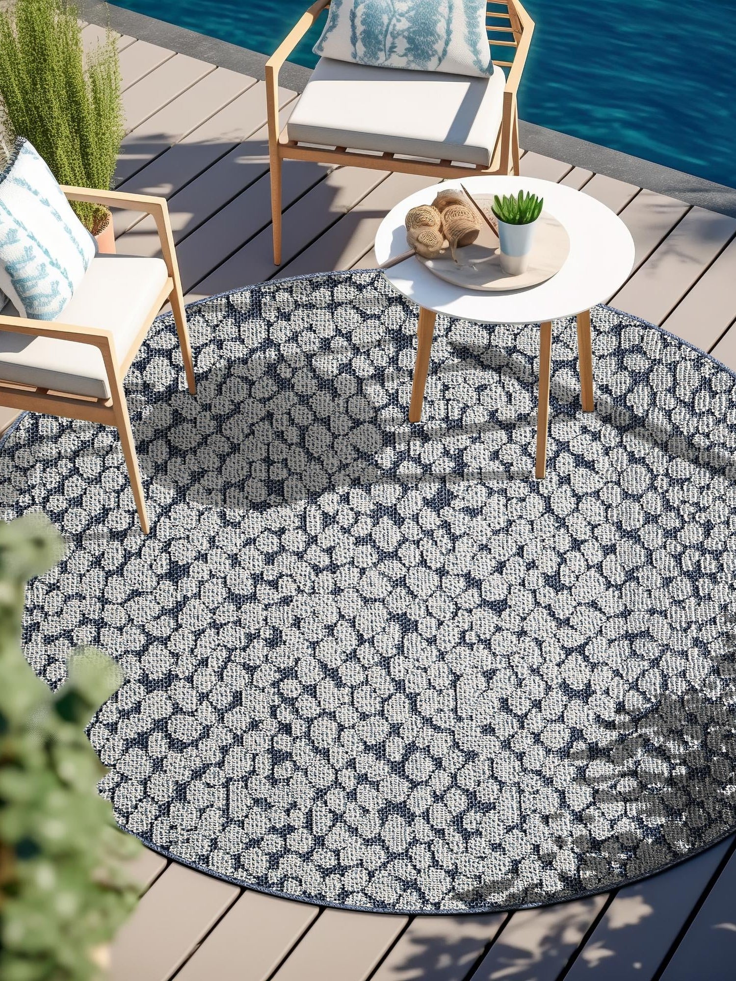 Navy Blue 3' 1 x 3' 1 Symphony Outdoor Round Area Rug Weather Resistant for Patio, Deck, Terrace, Balcony, Porch Durable Outside Carpet for Sale at Rug Engine