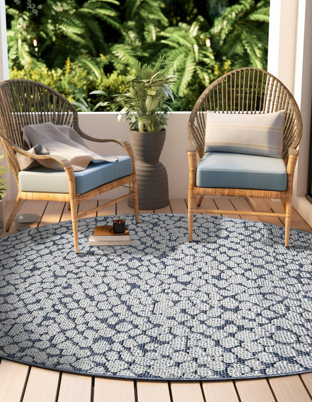Navy Blue 7' 10 x 7' 10 Symphony Outdoor Round Area Rug Weather Resistant for Patio, Deck, Terrace, Balcony, Porch Durable Outside Carpet for Sale at Rug Engine