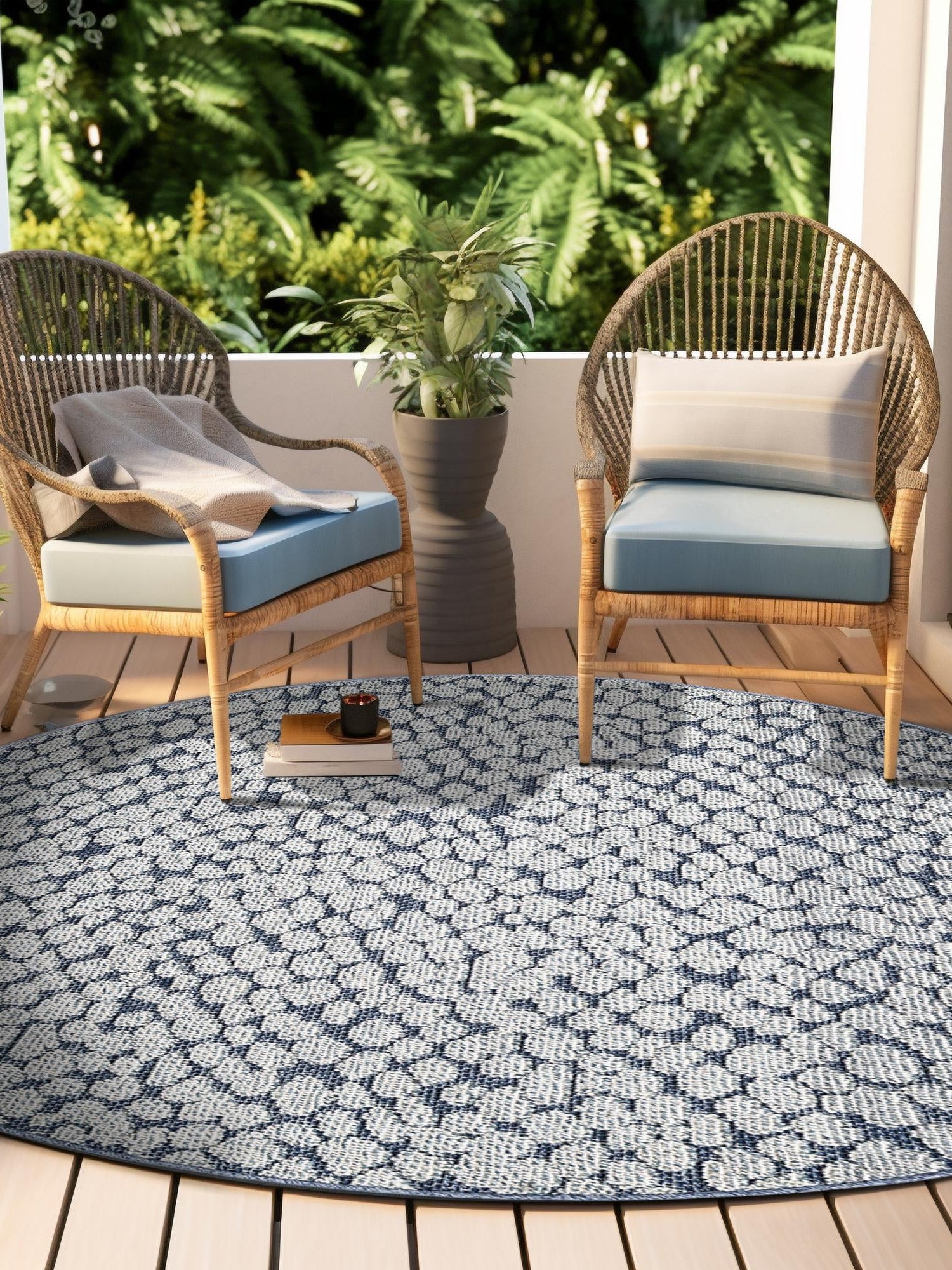 Navy Blue 5' 3 x 5' 3 Symphony Outdoor Round Area Rug Weather Resistant for Patio, Deck, Terrace, Balcony, Porch Durable Outside Carpet for Sale at Rug Engine