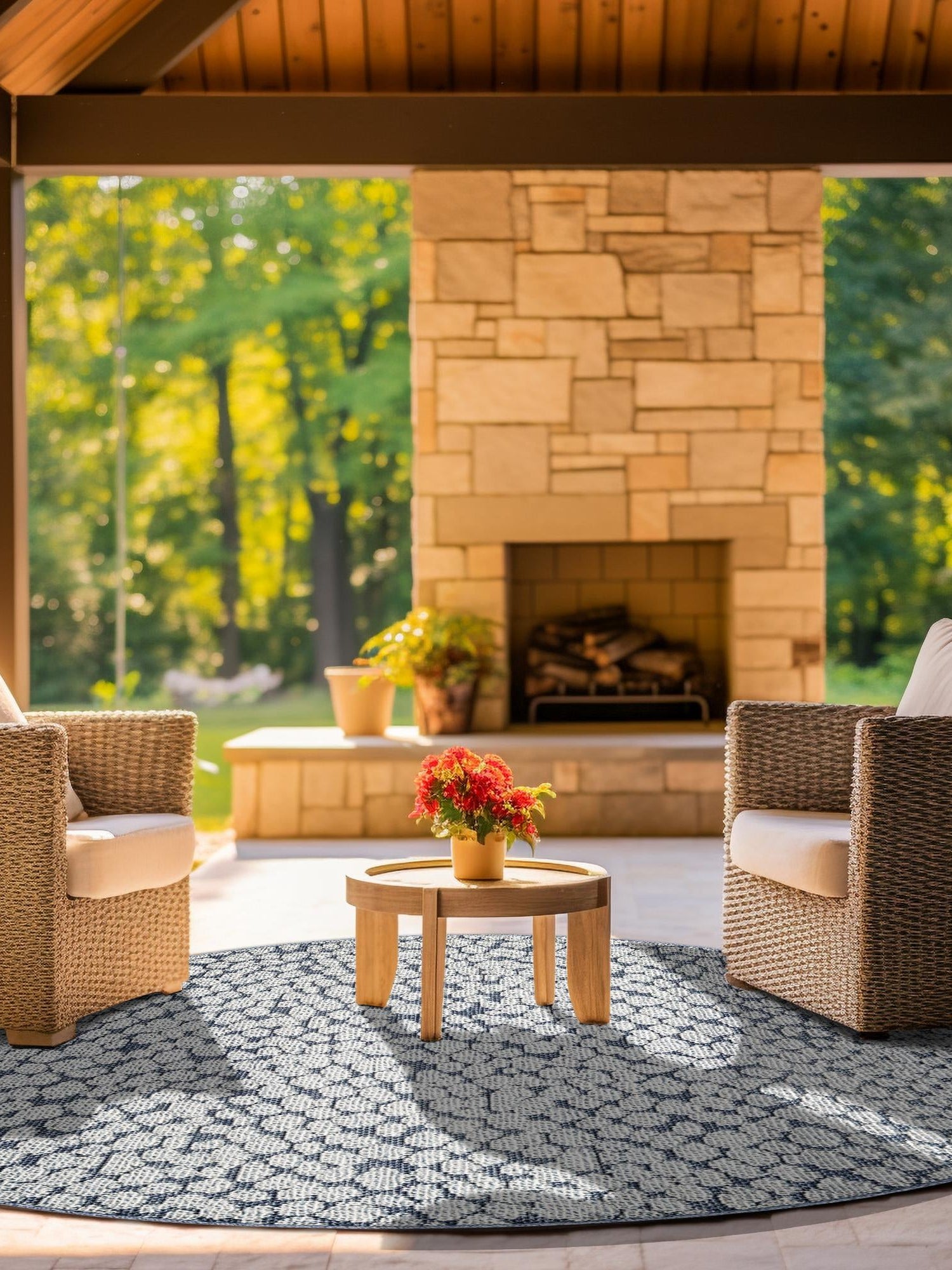 Navy Blue 5' 3 x 5' 3 Symphony Outdoor Round Area Rug Weather Resistant for Patio, Deck, Terrace, Balcony, Porch Durable Outside Carpet for Sale at Rug Engine