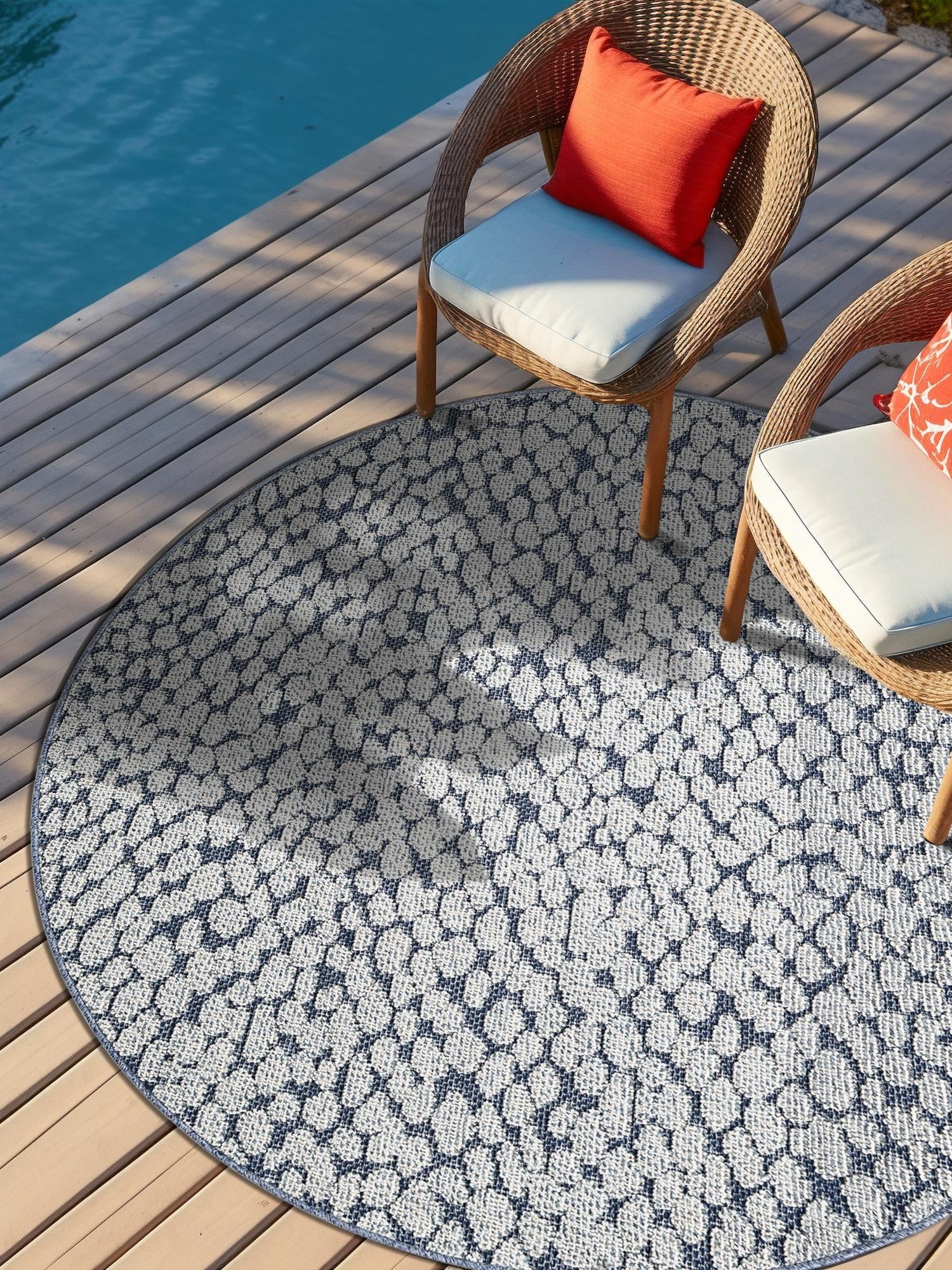 Navy Blue 5' 3 x 5' 3 Symphony Outdoor Round Area Rug Weather Resistant for Patio, Deck, Terrace, Balcony, Porch Durable Outside Carpet for Sale at Rug Engine