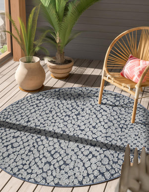 Navy Blue 7' 10 x 7' 10 Symphony Outdoor Round Area Rug Weather Resistant for Patio, Deck, Terrace, Balcony, Porch Durable Outside Carpet for Sale at Rug Engine