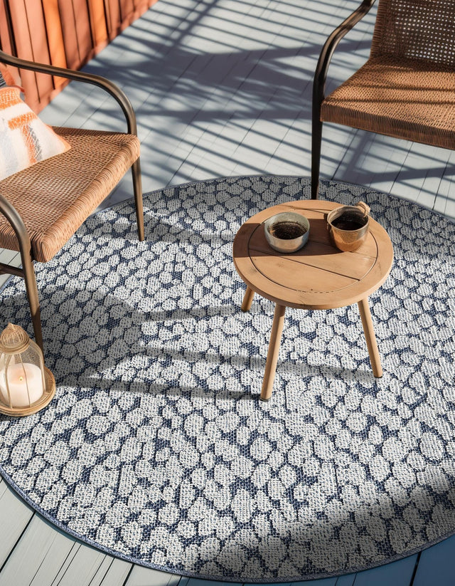 Navy Blue 7' 10 x 7' 10 Symphony Outdoor Round Area Rug Weather Resistant for Patio, Deck, Terrace, Balcony, Porch Durable Outside Carpet for Sale at Rug Engine