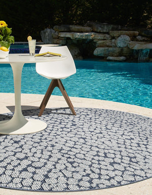 Navy Blue 7' 10 x 7' 10 Symphony Outdoor Round Area Rug Weather Resistant for Patio, Deck, Terrace, Balcony, Porch Durable Outside Carpet for Sale at Rug Engine