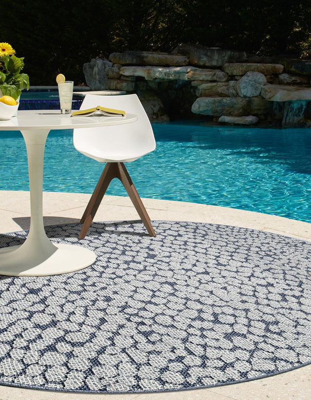 Navy Blue 7' 10 x 7' 10 Symphony Outdoor Round Area Rug Weather Resistant for Patio, Deck, Terrace, Balcony, Porch Durable Outside Carpet for Sale at Rug Engine