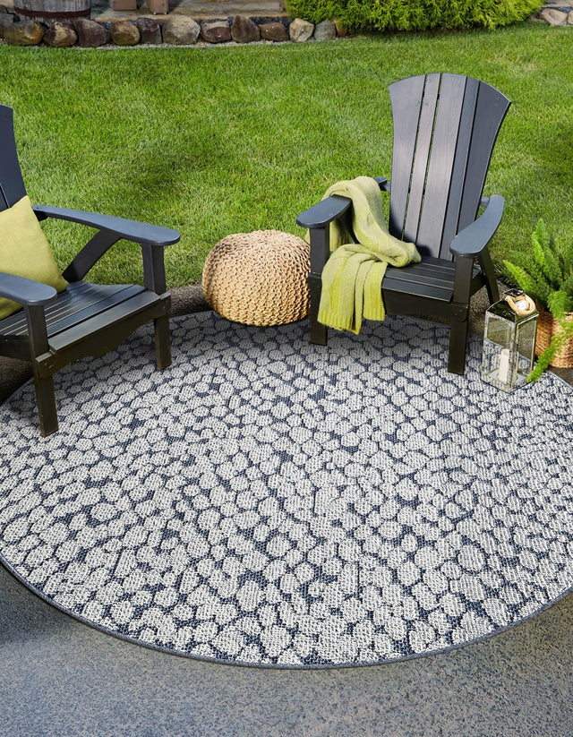 Navy Blue 7' 10 x 7' 10 Symphony Outdoor Round Area Rug Weather Resistant for Patio, Deck, Terrace, Balcony, Porch Durable Outside Carpet for Sale at Rug Engine