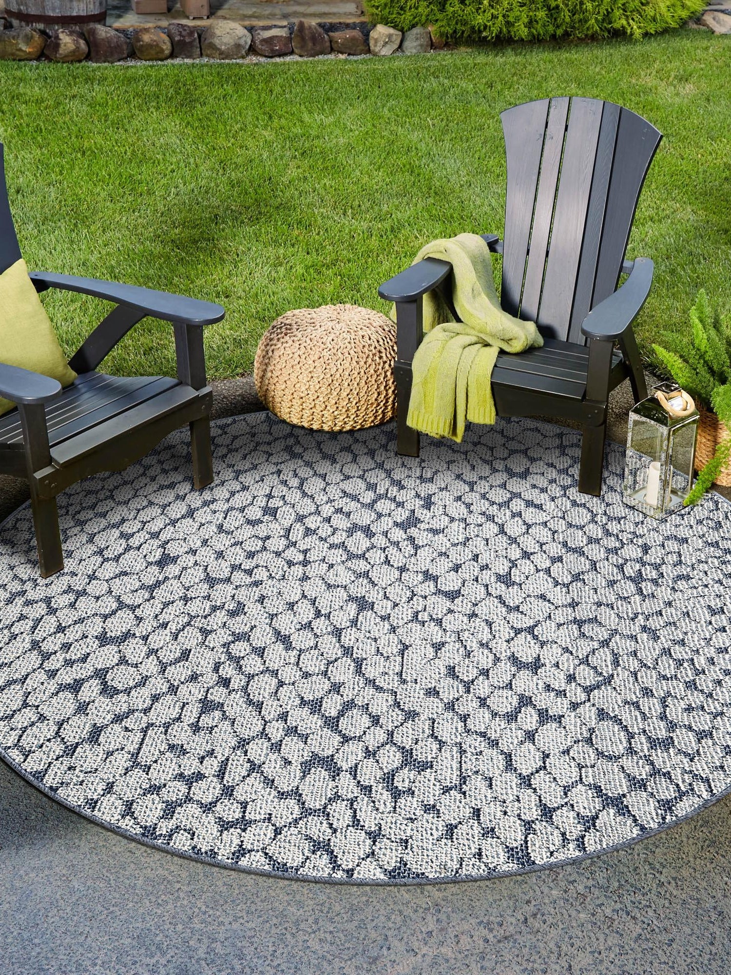 Navy Blue 5' 3 x 5' 3 Symphony Outdoor Round Area Rug Weather Resistant for Patio, Deck, Terrace, Balcony, Porch Durable Outside Carpet for Sale at Rug Engine