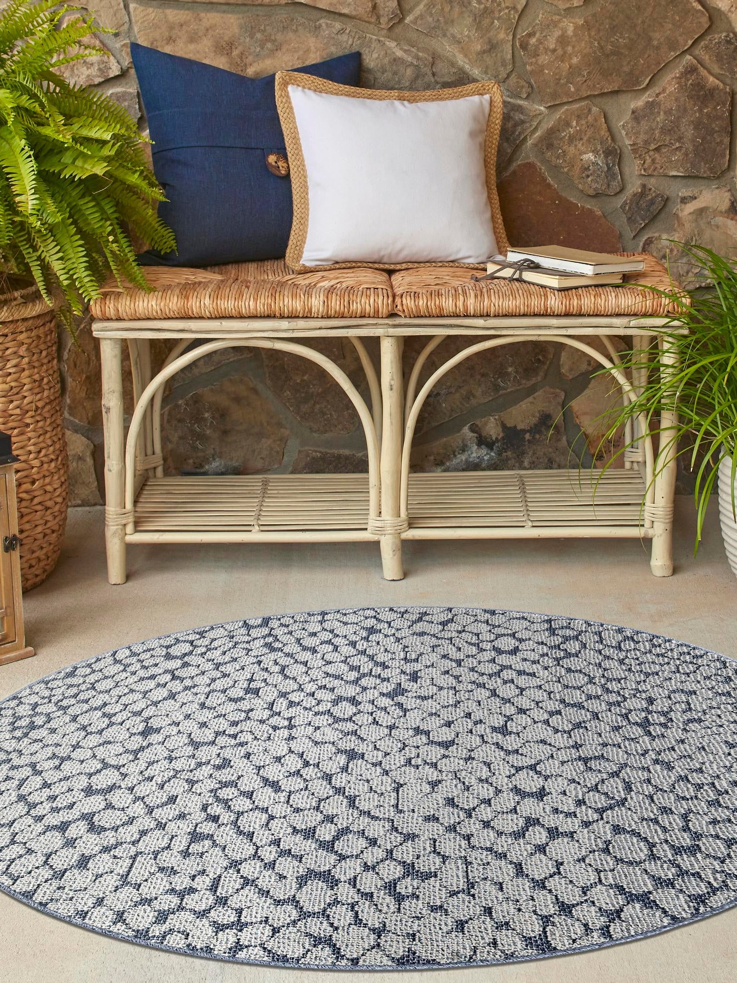 Navy Blue 5' 3 x 5' 3 Symphony Outdoor Round Area Rug Weather Resistant for Patio, Deck, Terrace, Balcony, Porch Durable Outside Carpet for Sale at Rug Engine