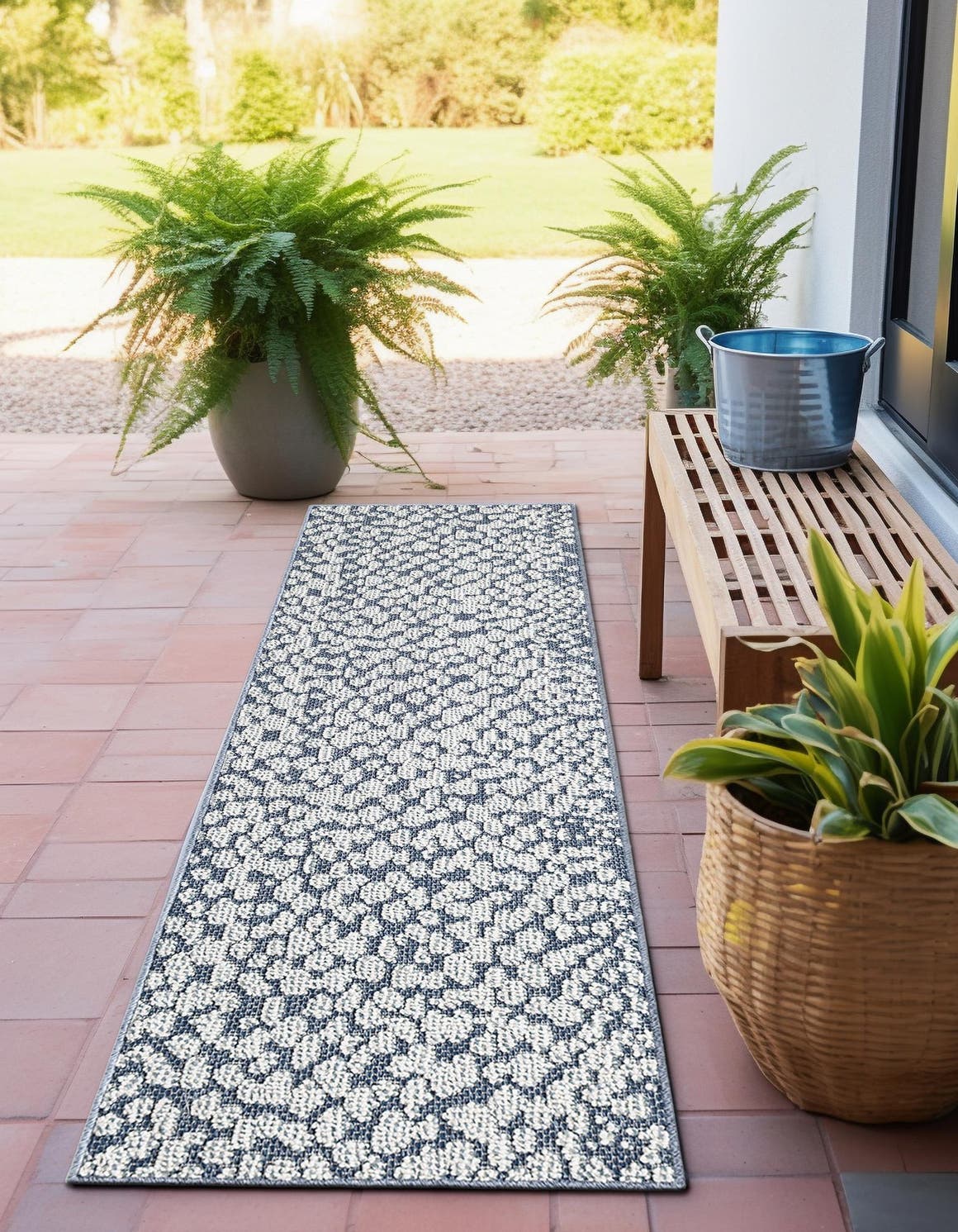 Navy Blue 2' x 6' 1 Symphony Outdoor Runner Area Rug Weather Resistant for Patio, Deck, Terrace, Balcony, Porch Durable Outside Carpet for Sale at Rug Engine