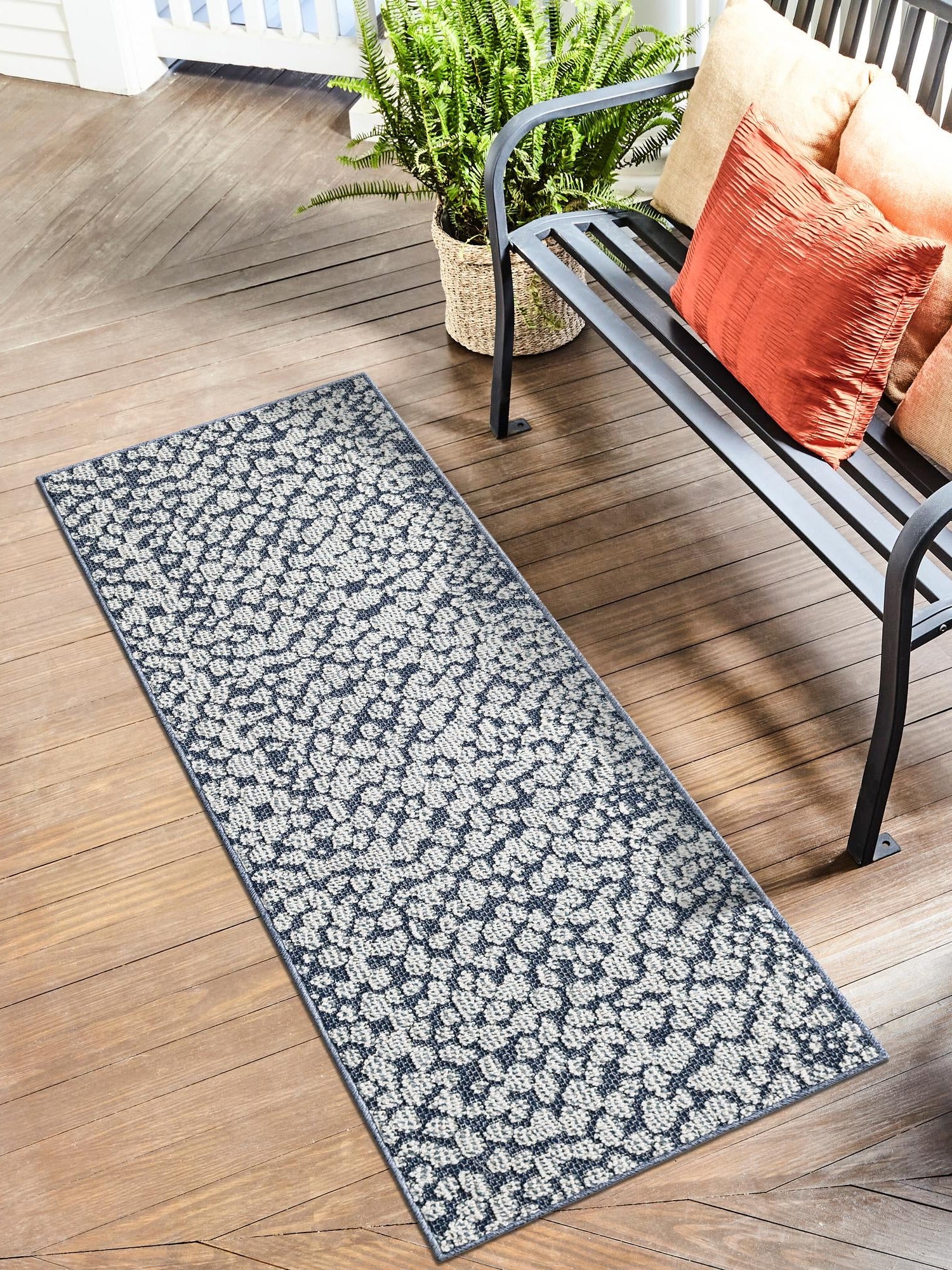 Navy Blue 2' x 6' 1 Symphony Outdoor Runner Area Rug Weather Resistant for Patio, Deck, Terrace, Balcony, Porch Durable Outside Carpet for Sale at Rug Engine