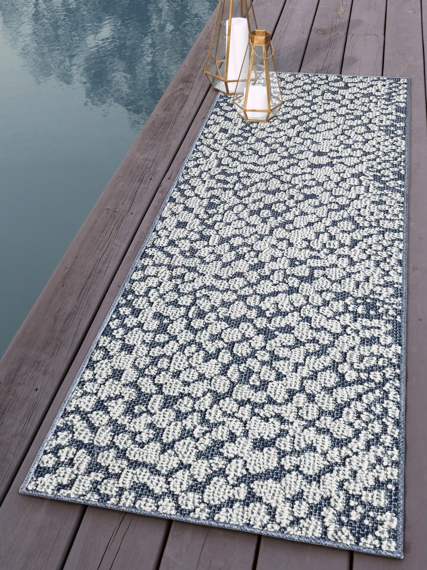 Navy Blue 2' x 6' 1 Symphony Outdoor Runner Area Rug Weather Resistant for Patio, Deck, Terrace, Balcony, Porch Durable Outside Carpet for Sale at Rug Engine