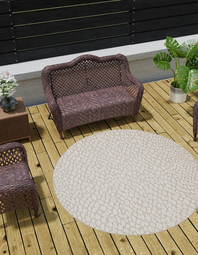 Khaki 5' 3 x 5' 3 Symphony Outdoor Round Area Rug Weather Resistant for Patio, Deck, Terrace, Balcony, Porch Durable Outside Carpet for Sale at Rug Engine
