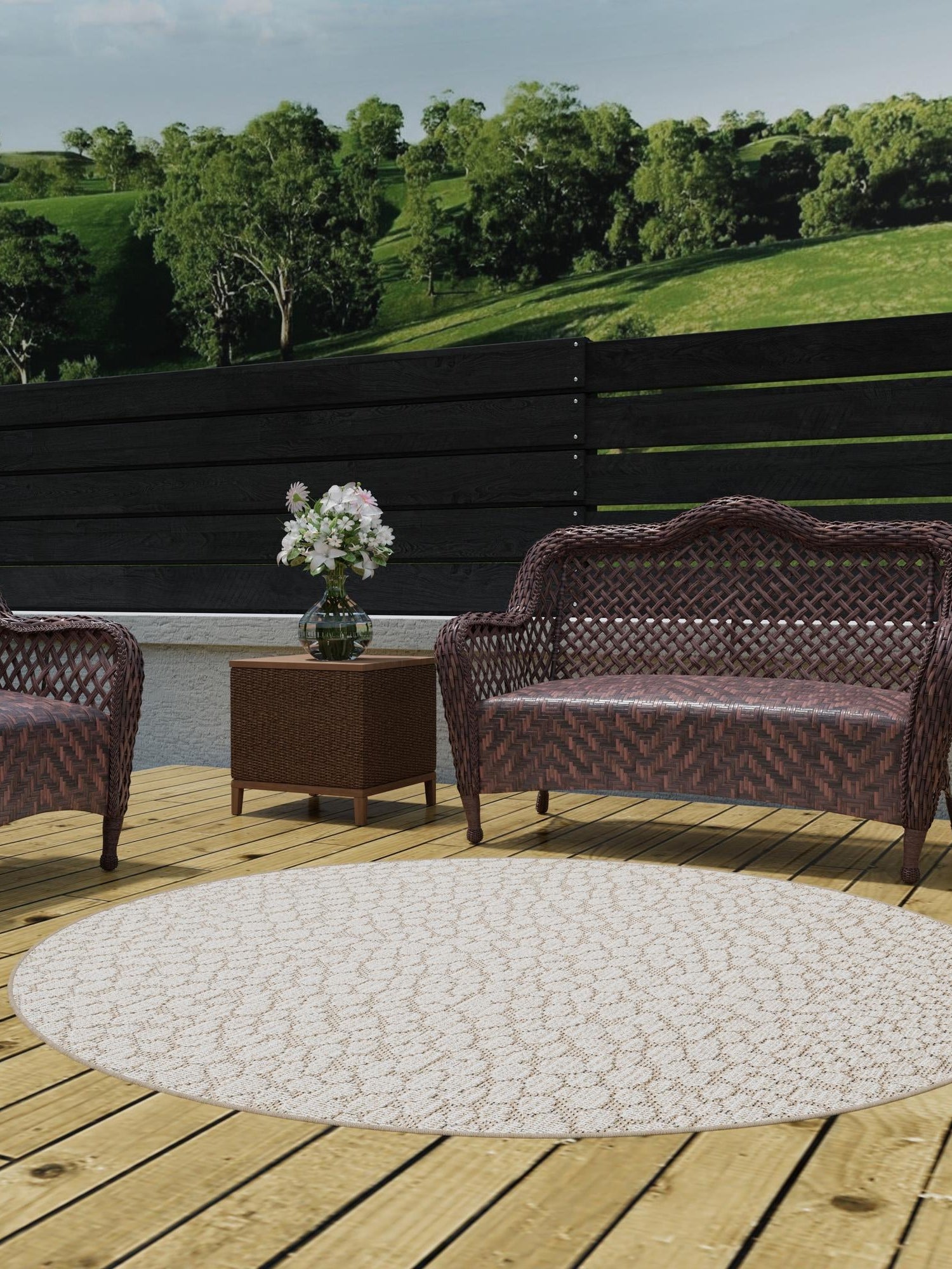 Khaki 3' 1 x 3' 1 Symphony Outdoor Round Area Rug Weather Resistant for Patio, Deck, Terrace, Balcony, Porch Durable Outside Carpet for Sale at Rug Engine