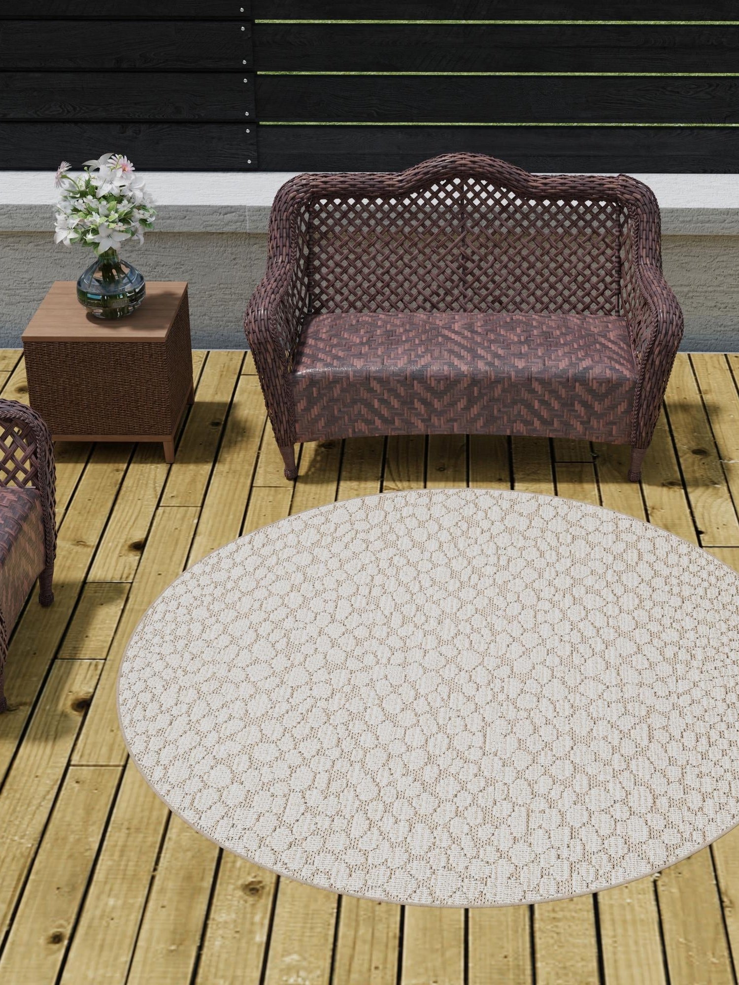 Khaki 3' 1 x 3' 1 Symphony Outdoor Round Area Rug Weather Resistant for Patio, Deck, Terrace, Balcony, Porch Durable Outside Carpet for Sale at Rug Engine