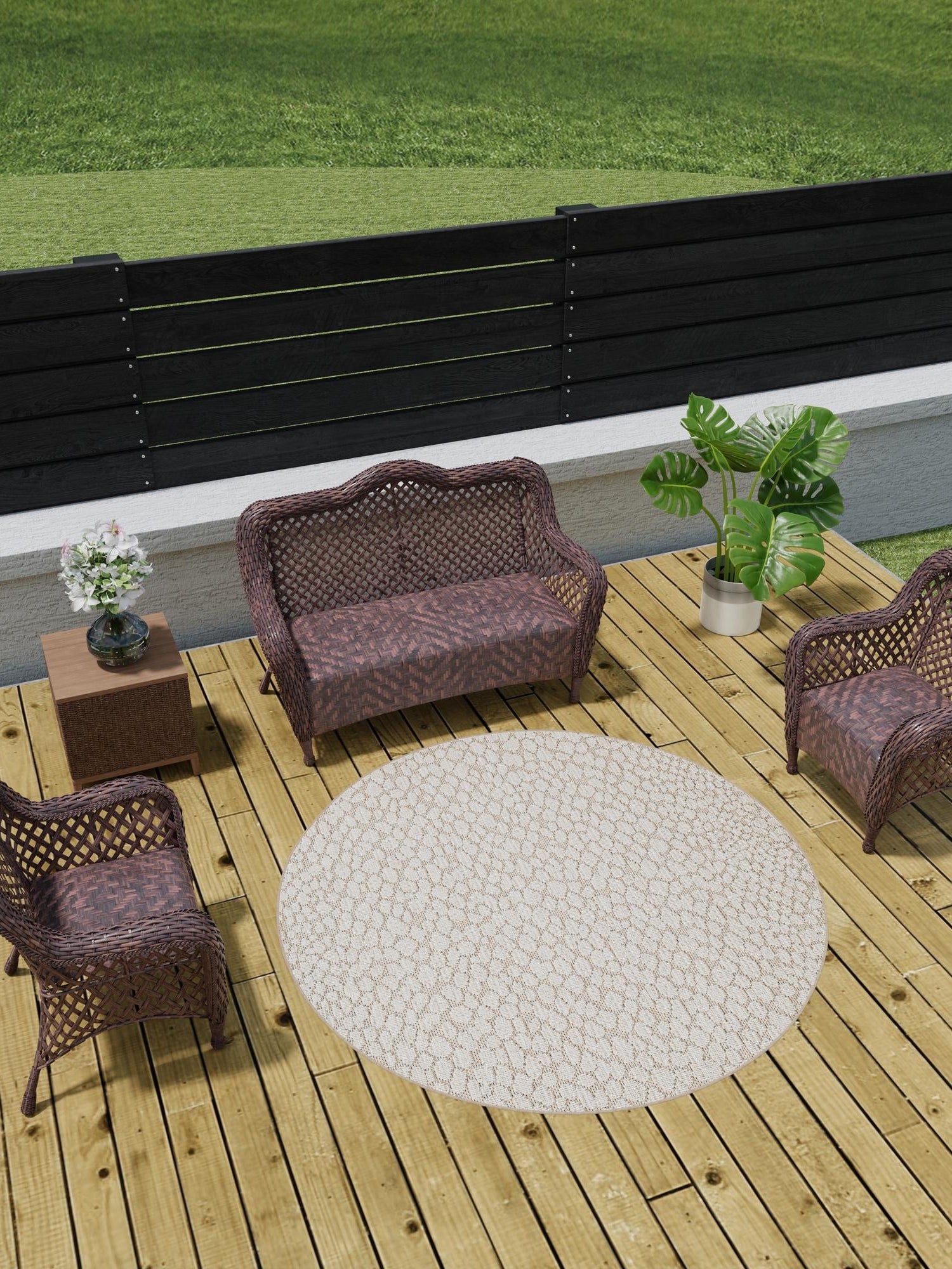 Khaki 5' 3 x 5' 3 Symphony Outdoor Round Area Rug Weather Resistant for Patio, Deck, Terrace, Balcony, Porch Durable Outside Carpet for Sale at Rug Engine