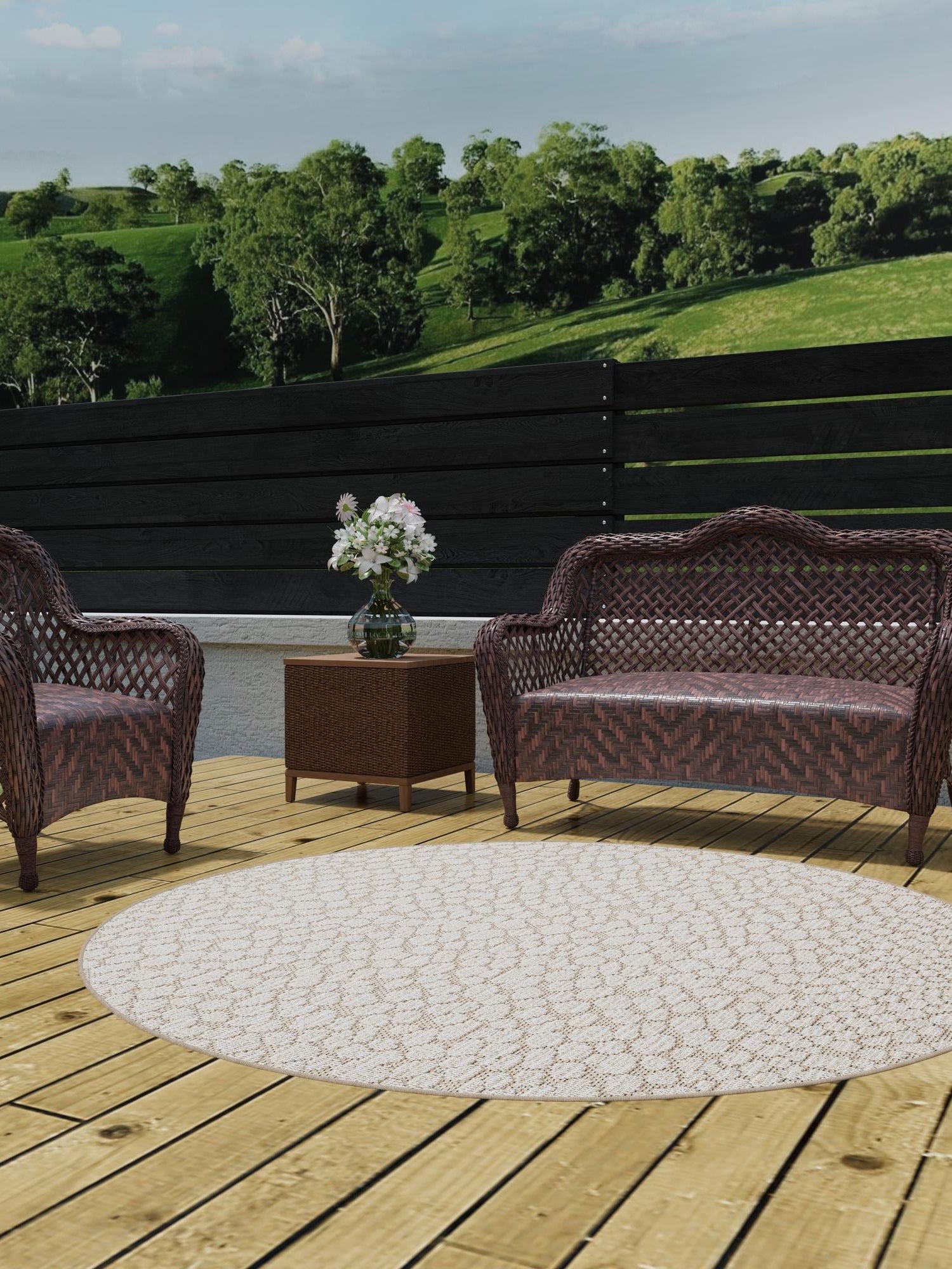 Khaki 5' 3 x 5' 3 Symphony Outdoor Round Area Rug Weather Resistant for Patio, Deck, Terrace, Balcony, Porch Durable Outside Carpet for Sale at Rug Engine