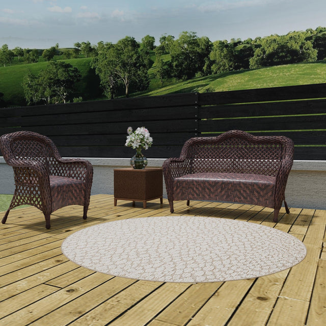 Khaki 5' 3 x 5' 3 Symphony Outdoor Round Area Rug Weather Resistant for Patio, Deck, Terrace, Balcony, Porch Durable Outside Carpet for Sale at Rug Engine