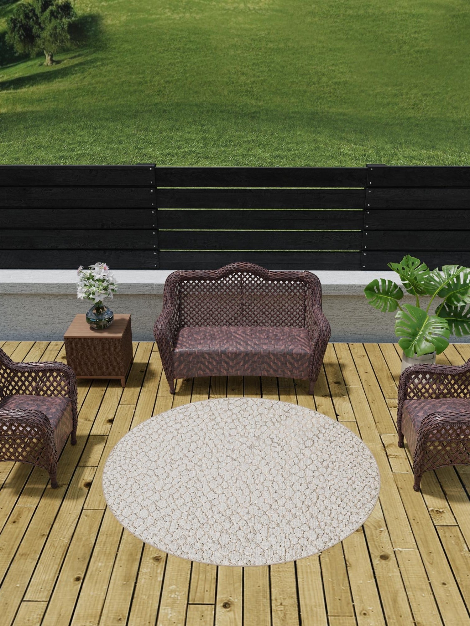 Khaki 5' 3 x 5' 3 Symphony Outdoor Round Area Rug Weather Resistant for Patio, Deck, Terrace, Balcony, Porch Durable Outside Carpet for Sale at Rug Engine