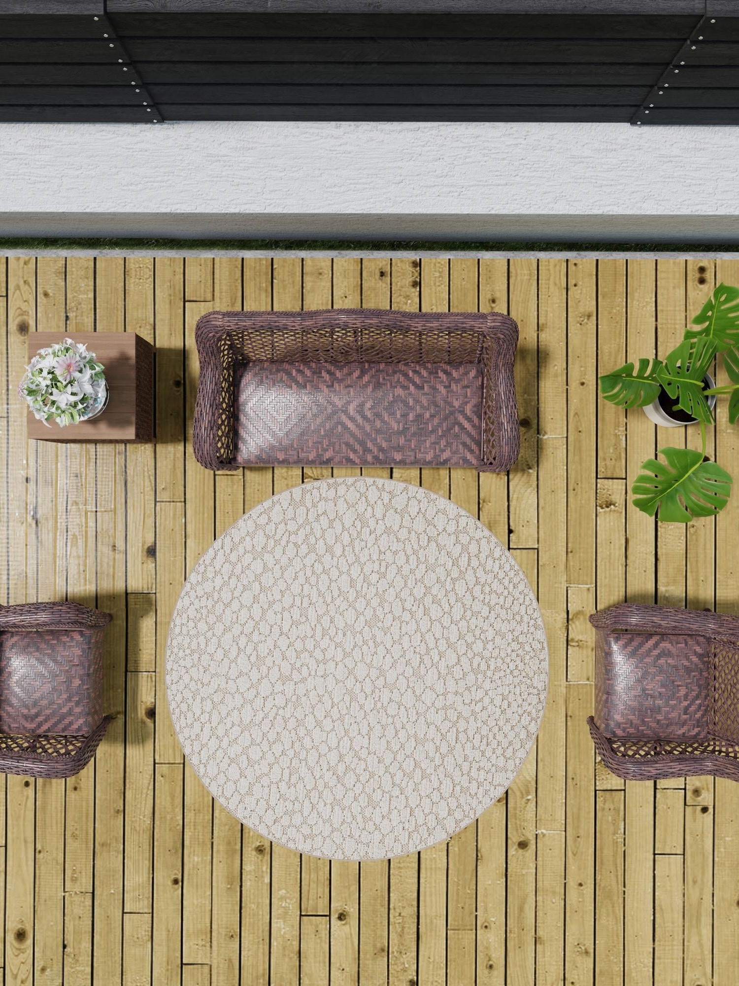 Khaki 5' 3 x 5' 3 Symphony Outdoor Round Area Rug Weather Resistant for Patio, Deck, Terrace, Balcony, Porch Durable Outside Carpet for Sale at Rug Engine