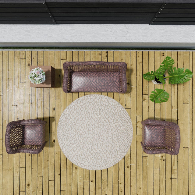 Khaki 5' 3 x 5' 3 Symphony Outdoor Round Area Rug Weather Resistant for Patio, Deck, Terrace, Balcony, Porch Durable Outside Carpet for Sale at Rug Engine
