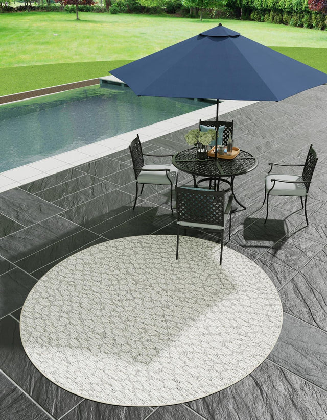 Light Gray 7' 10 x 7' 10 Symphony Outdoor Round Area Rug Weather Resistant for Patio, Deck, Terrace, Balcony, Porch Durable Outside Carpet for Sale at Rug Engine