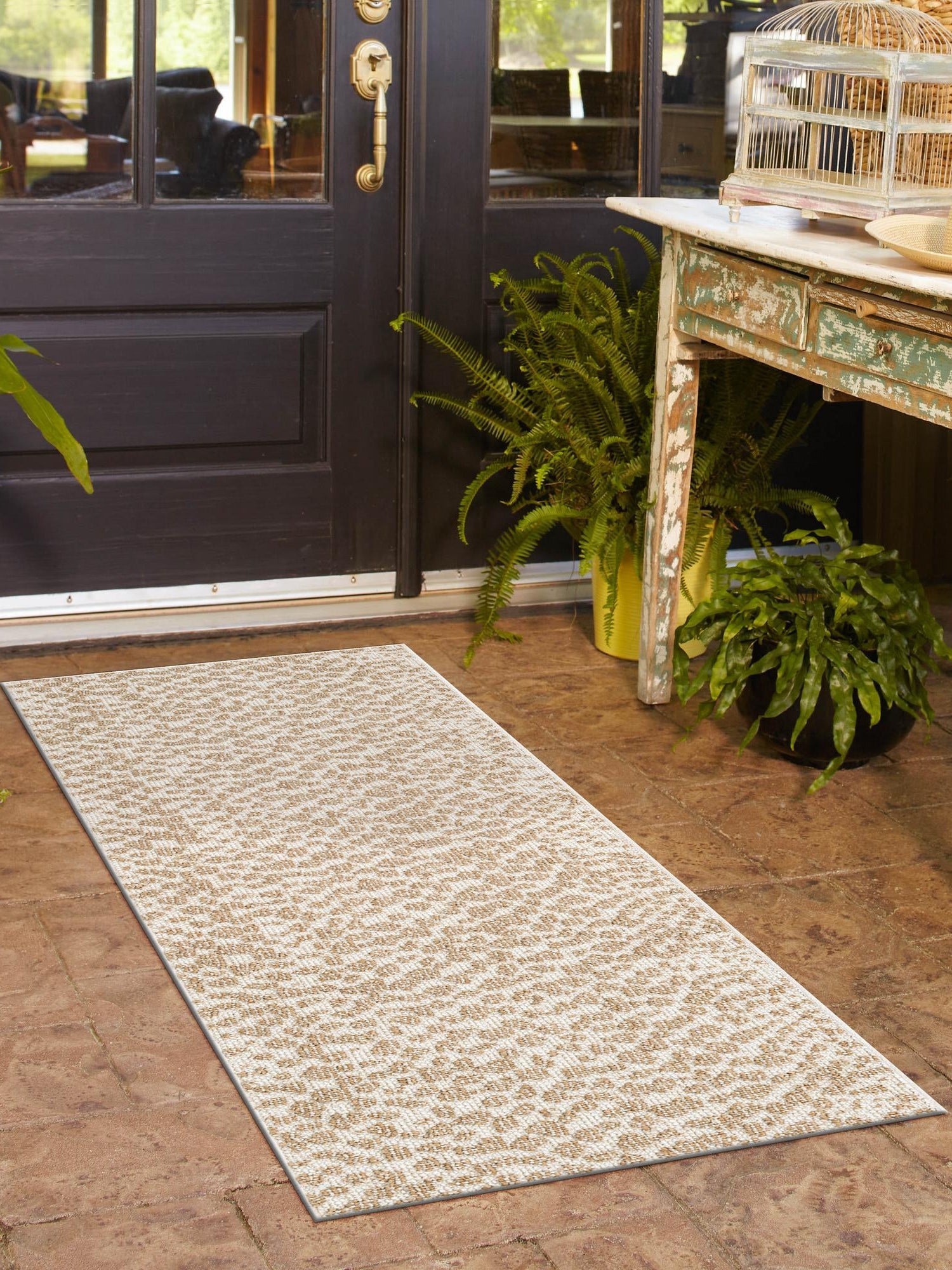 Beige 2' x 8' Symphony Outdoor Runner Area Rug Weather Resistant for Patio, Deck, Terrace, Balcony, Porch Durable Outside Carpet for Sale at Rug Engine