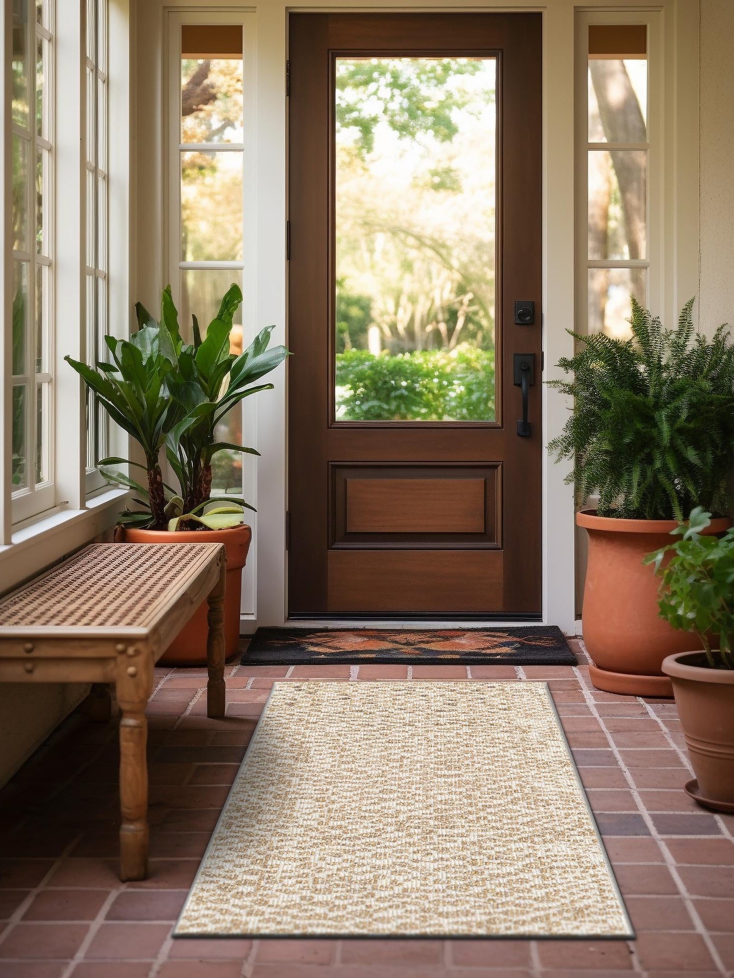 Beige 2' x 6' 1 Symphony Outdoor Runner Area Rug Weather Resistant for Patio, Deck, Terrace, Balcony, Porch Durable Outside Carpet for Sale at Rug Engine