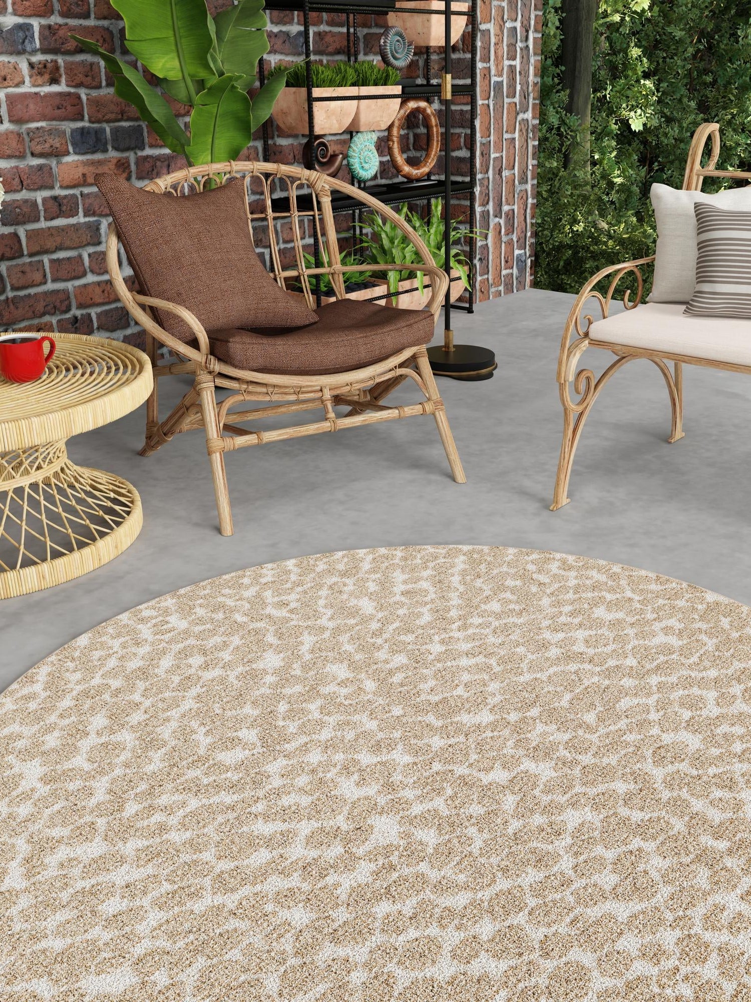 Beige 7' 10 x 7' 10 Symphony Outdoor Round Area Rug Weather Resistant for Patio, Deck, Terrace, Balcony, Porch Durable Outside Carpet for Sale at Rug Engine