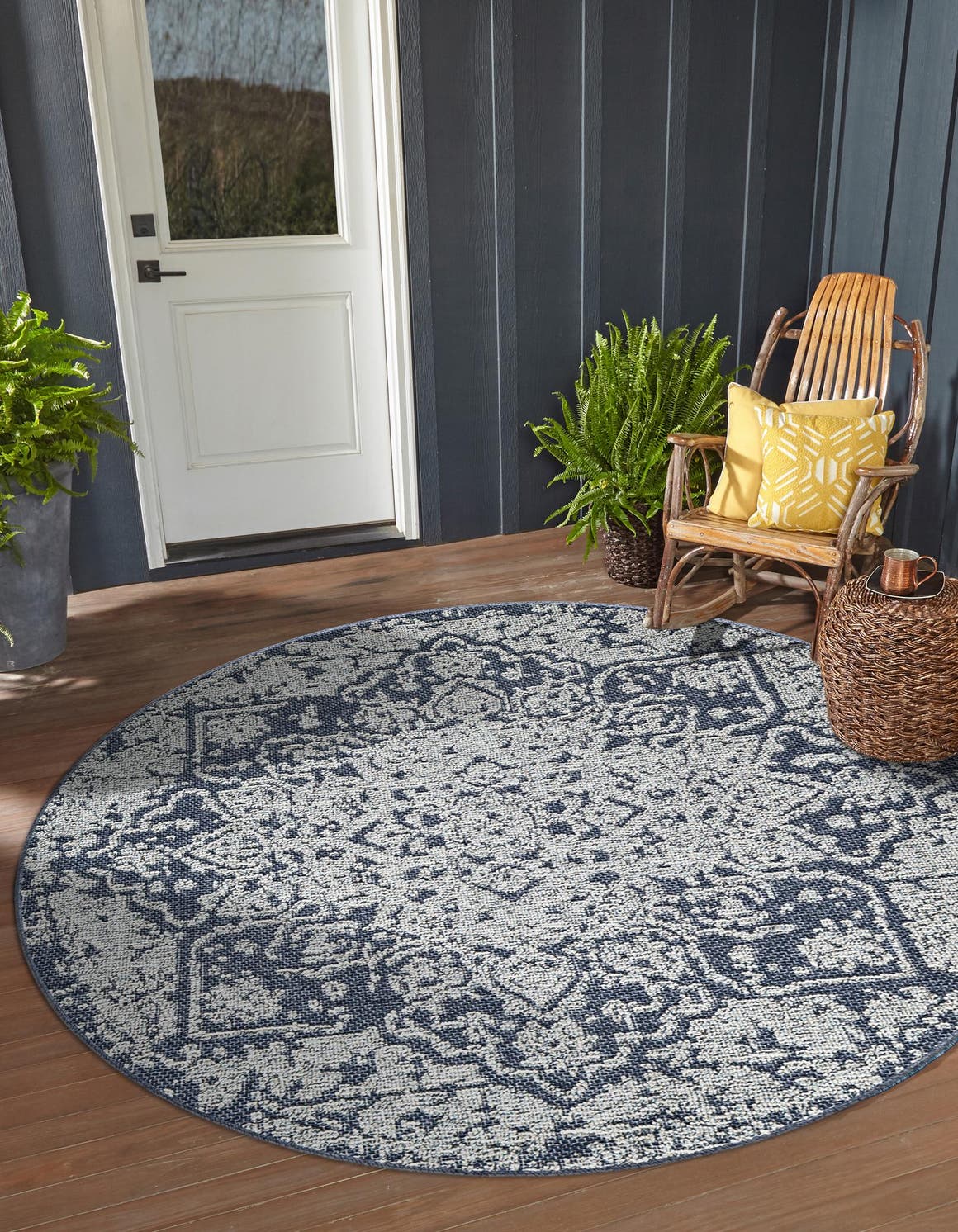 Navy Blue 5' 3 x 5' 3 Symphony Outdoor Round Area Rug Weather Resistant for Patio, Deck, Terrace, Balcony, Porch Durable Outside Carpet for Sale at Rug Engine