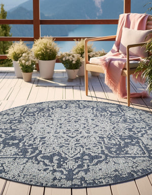 Navy Blue 5' 3 x 5' 3 Symphony Outdoor Round Area Rug Weather Resistant for Patio, Deck, Terrace, Balcony, Porch Durable Outside Carpet for Sale at Rug Engine