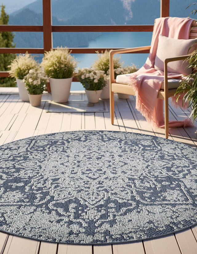 Navy Blue 5' 3 x 5' 3 Symphony Outdoor Round Area Rug Weather Resistant for Patio, Deck, Terrace, Balcony, Porch Durable Outside Carpet for Sale at Rug Engine