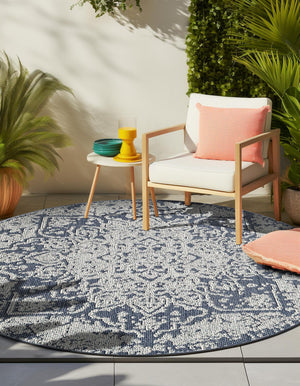 Navy Blue 5' 3 x 5' 3 Symphony Outdoor Round Area Rug Weather Resistant for Patio, Deck, Terrace, Balcony, Porch Durable Outside Carpet for Sale at Rug Engine