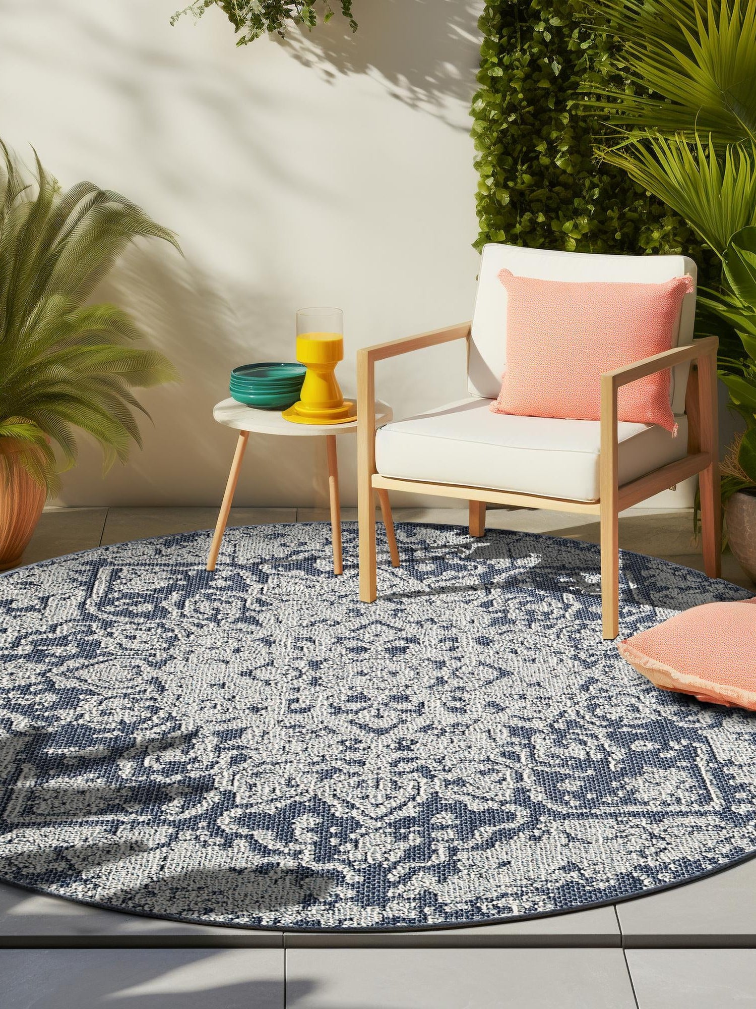 Navy Blue 7' 10 x 7' 10 Symphony Outdoor Round Area Rug Weather Resistant for Patio, Deck, Terrace, Balcony, Porch Durable Outside Carpet for Sale at Rug Engine