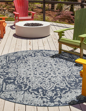 Navy Blue 3' 1 x 3' 1 Symphony Outdoor Round Area Rug Weather Resistant for Patio, Deck, Terrace, Balcony, Porch Durable Outside Carpet for Sale at Rug Engine