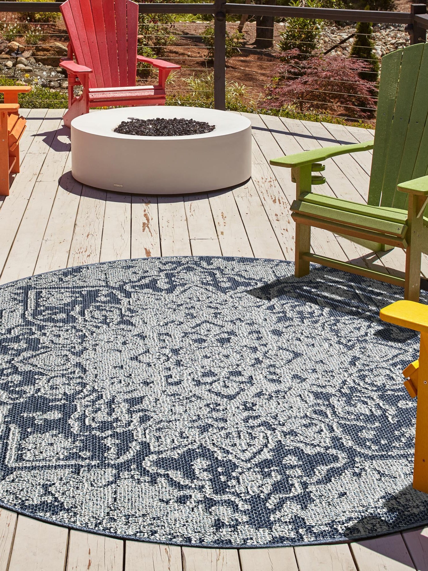 Navy Blue 7' 10 x 7' 10 Symphony Outdoor Round Area Rug Weather Resistant for Patio, Deck, Terrace, Balcony, Porch Durable Outside Carpet for Sale at Rug Engine