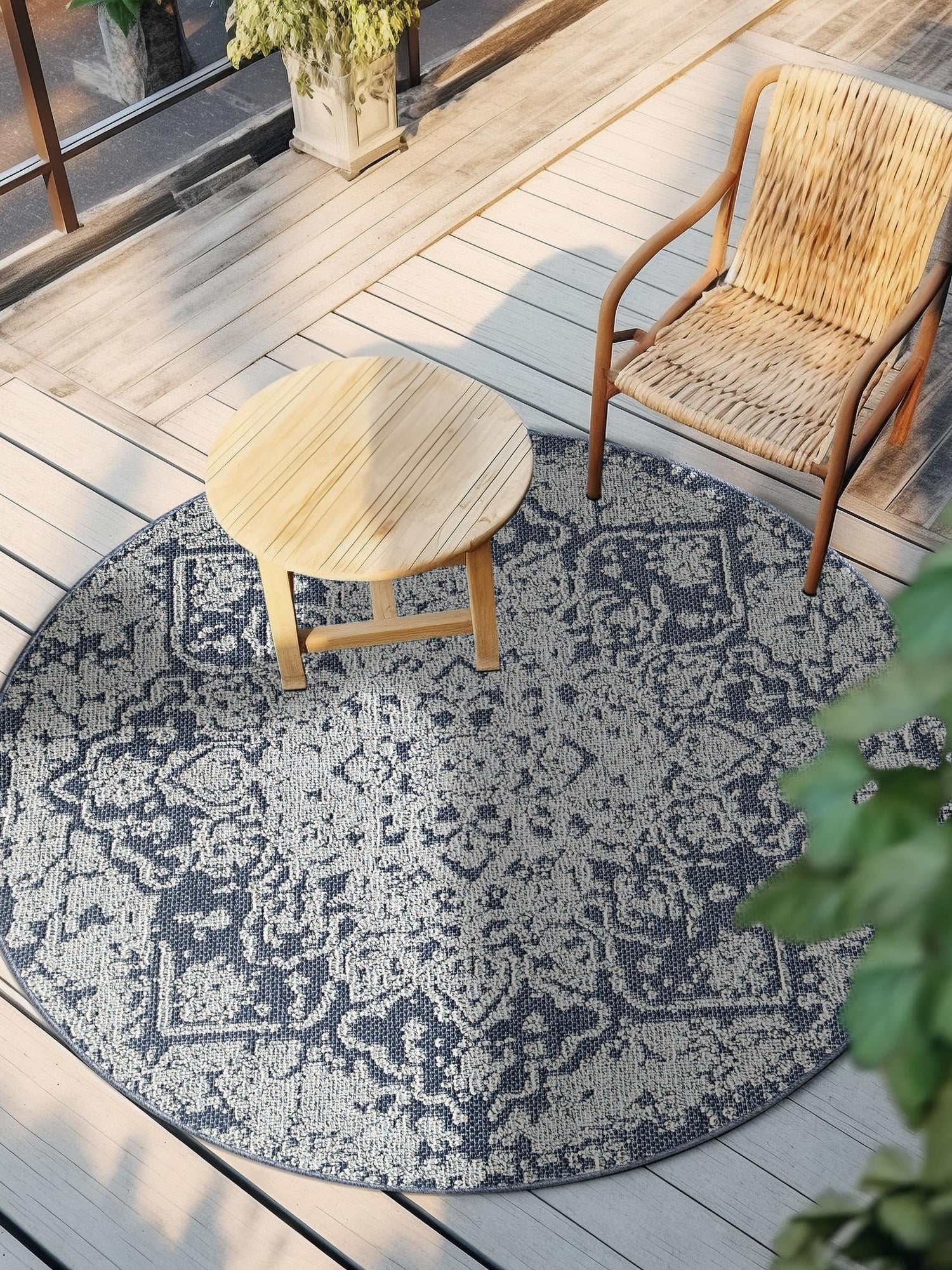 Navy Blue 7' 10 x 7' 10 Symphony Outdoor Round Area Rug Weather Resistant for Patio, Deck, Terrace, Balcony, Porch Durable Outside Carpet for Sale at Rug Engine
