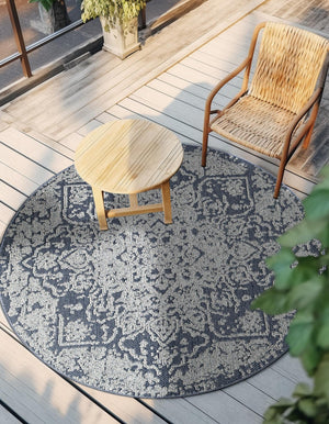Navy Blue 7' 10 x 7' 10 Symphony Outdoor Round Area Rug Weather Resistant for Patio, Deck, Terrace, Balcony, Porch Durable Outside Carpet for Sale at Rug Engine
