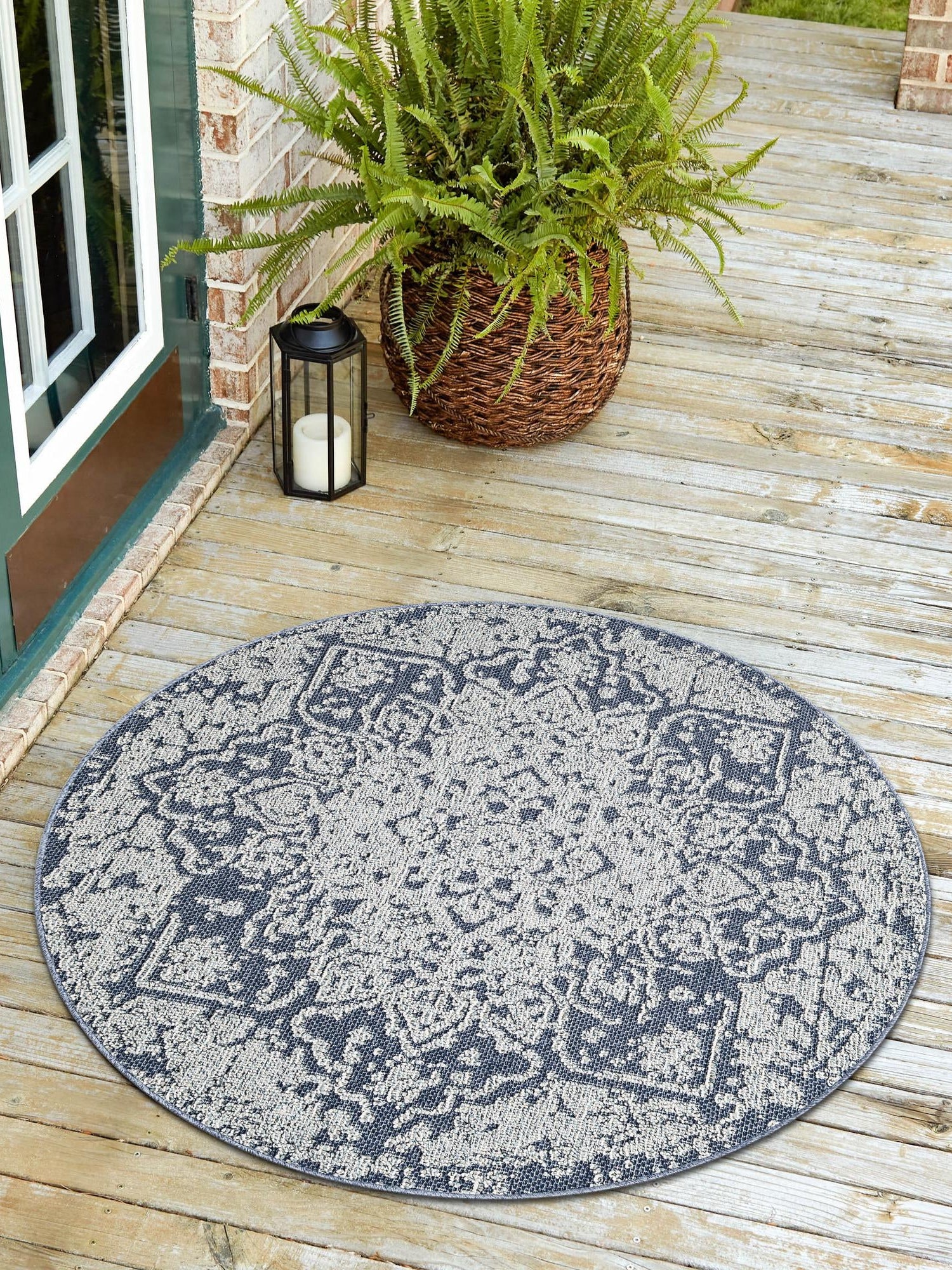 Navy Blue 7' 10 x 7' 10 Symphony Outdoor Round Area Rug Weather Resistant for Patio, Deck, Terrace, Balcony, Porch Durable Outside Carpet for Sale at Rug Engine