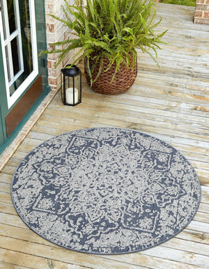 Navy Blue 3' 1 x 3' 1 Symphony Outdoor Round Area Rug Weather Resistant for Patio, Deck, Terrace, Balcony, Porch Durable Outside Carpet for Sale at Rug Engine