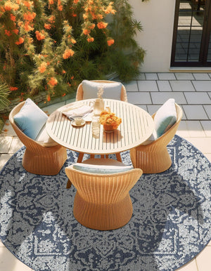 Navy Blue 5' 3 x 5' 3 Symphony Outdoor Round Area Rug Weather Resistant for Patio, Deck, Terrace, Balcony, Porch Durable Outside Carpet for Sale at Rug Engine