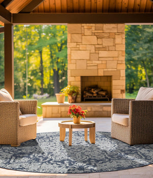 Navy Blue 7' 10 x 7' 10 Symphony Outdoor Round Area Rug Weather Resistant for Patio, Deck, Terrace, Balcony, Porch Durable Outside Carpet for Sale at Rug Engine