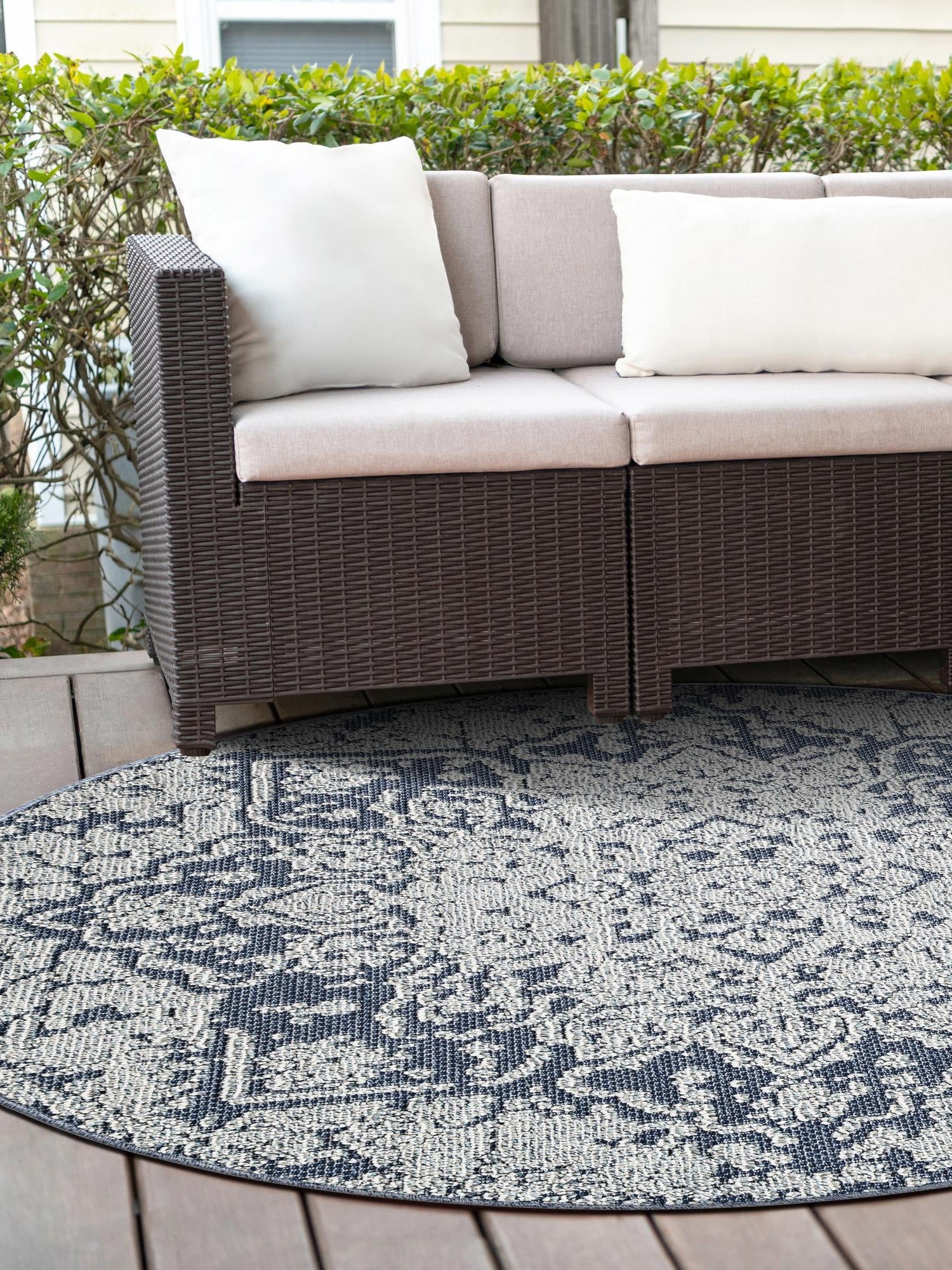 Navy Blue 7' 10 x 7' 10 Symphony Outdoor Round Area Rug Weather Resistant for Patio, Deck, Terrace, Balcony, Porch Durable Outside Carpet for Sale at Rug Engine