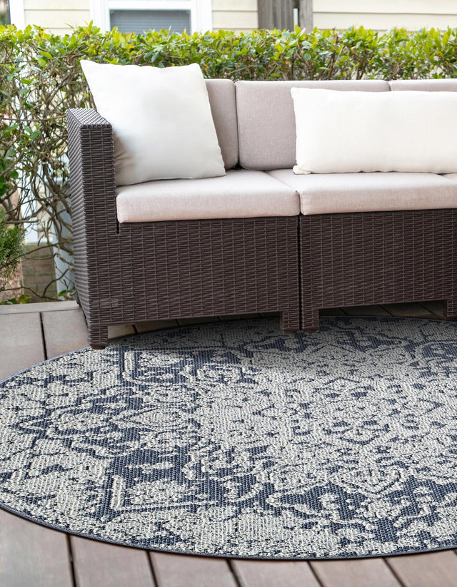 Navy Blue 3' 1 x 3' 1 Symphony Outdoor Round Area Rug Weather Resistant for Patio, Deck, Terrace, Balcony, Porch Durable Outside Carpet for Sale at Rug Engine