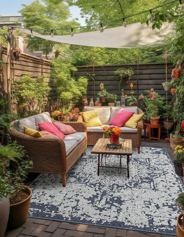 Navy Blue 4' 1 x 6' 1 Symphony Outdoor Rectangle Area Rug Weather Resistant for Patio, Deck, Terrace, Balcony, Porch Durable Outside Carpet for Sale at Rug Engine