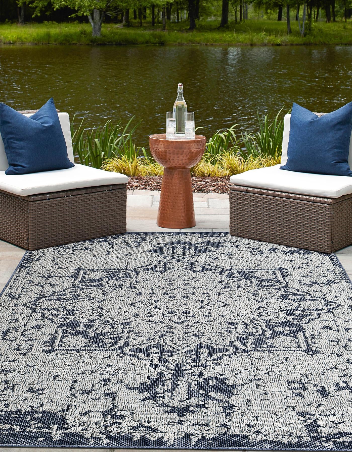 Navy Blue 4' 1 x 6' 1 Symphony Outdoor Rectangle Area Rug Weather Resistant for Patio, Deck, Terrace, Balcony, Porch Durable Outside Carpet for Sale at Rug Engine