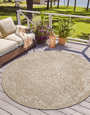 Khaki 5' 3 x 5' 3 Symphony Outdoor Round Area Rug Weather Resistant for Patio, Deck, Terrace, Balcony, Porch Durable Outside Carpet for Sale at Rug Engine