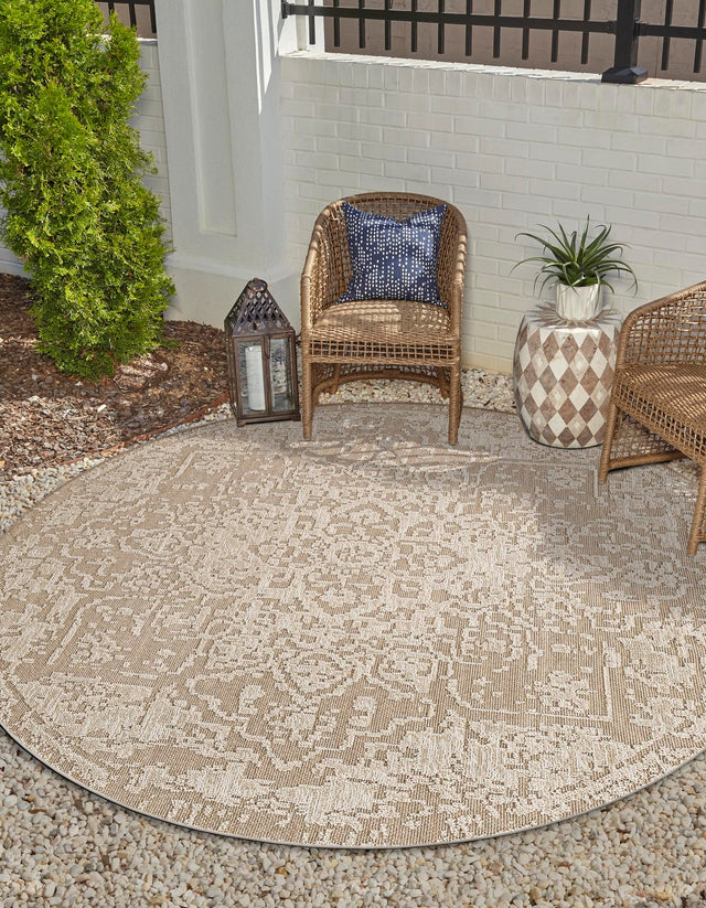 Khaki 7' 10 x 7' 10 Symphony Outdoor Round Area Rug Weather Resistant for Patio, Deck, Terrace, Balcony, Porch Durable Outside Carpet for Sale at Rug Engine
