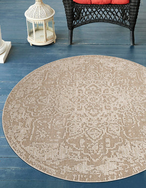Khaki 5' 3 x 5' 3 Symphony Outdoor Round Area Rug Weather Resistant for Patio, Deck, Terrace, Balcony, Porch Durable Outside Carpet for Sale at Rug Engine