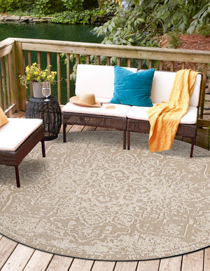 Khaki 5' 3 x 5' 3 Symphony Outdoor Round Area Rug Weather Resistant for Patio, Deck, Terrace, Balcony, Porch Durable Outside Carpet for Sale at Rug Engine