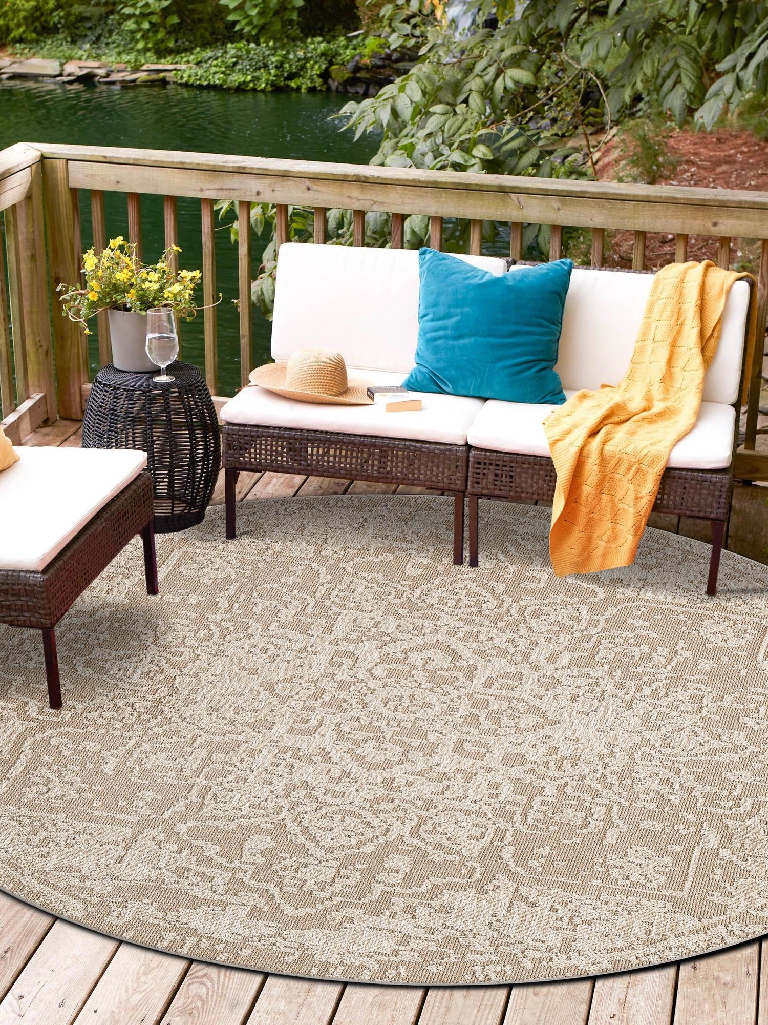 Khaki 3' 1 x 3' 1 Symphony Outdoor Round Area Rug Weather Resistant for Patio, Deck, Terrace, Balcony, Porch Durable Outside Carpet for Sale at Rug Engine